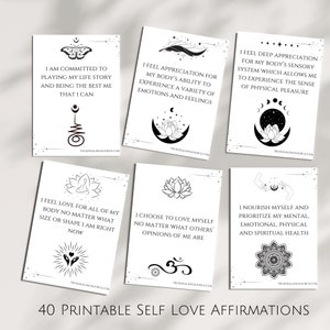 40 tarjetas imprimibles de autoafirmaciones, positividad corporal, autoestima, citas motivacionales y descarga instantánea.