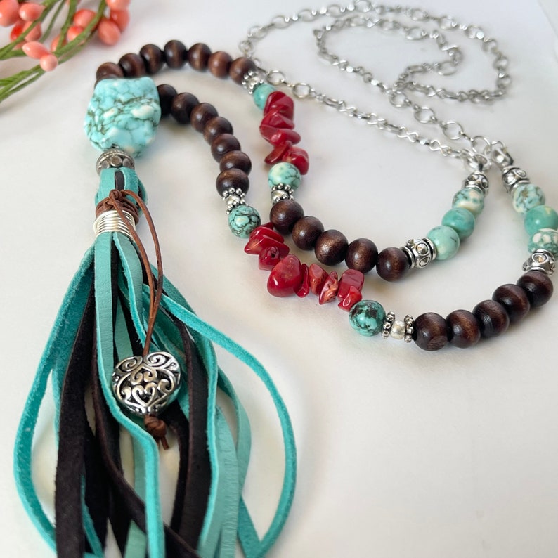 Turquoise and Coral Necklace, Heart Chakra Necklace, Yoga Jewelry, Meditation Stones, Inner Peace Necklace, Mother's Protection Amulet image 3