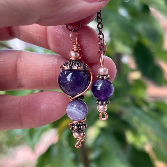 Mini Amethyst Dowsing Pendulum with Copper, Chakra Energy Healing Crystal (5 inch)