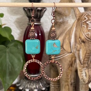 Long Turquoise + Copper Earrings, Heart Chakra Earrings, Yoga Earrings, Energy Healing, Chakra Stones, Meditation Stones, Yoga Jewelry