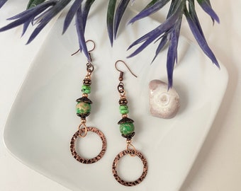Long Green Jasper + Copper Earrings, Chakra Earrings, Long Boho Earrings, Yoga Earrings, Chakra Healing, Energy Healing, Rustic Earrings