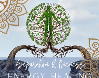 Puede incluir: Una imagen conceptual de dos árboles que crecen juntos, formando una figura humana. Las raíces de los árboles están conectadas, simbolizando el concepto de separación y unidad. El texto "Separación & Unidad SANACIÓN ENERGÉTICA" está escrito debajo de la imagen.