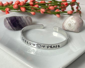 Inner Peace Bracelet, Hand Stamped Bracelet, Mantra Bracelet, Custom Bracelet, Silver Cuff Bracelet, Personalized Bracelet, Yoga Bracelet