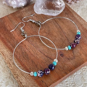 Large Hoop Earrings, Purple Ocean Jasper Earrings, Energy Healing Earrings, Gemstone Hoop Earrings, Yoga Jewelry, Tranquility Stone