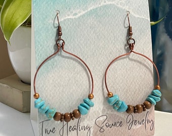 Large Hoop Earrings, Turquoise Earrings, Copper Hoop Earrings, Yoga Earrings, Energy Healing, Meditation, Chakra Healing Earrings