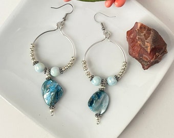 Blue Shell Hoop Earrings