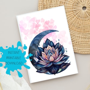 Carte de lotus lune bleue, carte vierge, carte de yoga spirituel, carte de motivation carte de méditation pleine conscience, carte de téléchargement numérique à téléchargement immédiat