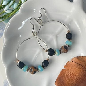 Large Hoop Earrings, Dzi Agate Earrings, Wood Hoop Earrings, Czech Glass Earrings, Yoga Earrings, Chakra Healing, Energy Healing Earrings