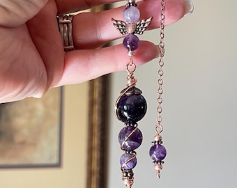 Amethyst Dowsing Pendulum with Copper Angel Wings: Chakra Energy Healing Crystal (10 Inch)