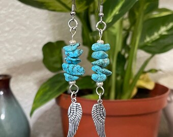 Long Turquoise Earrings with Angel Wings, Angel Earrings, Heart Chakra, Boho, Bohemian Earrings, Navajo Earrings, Energy Healing Jewelry