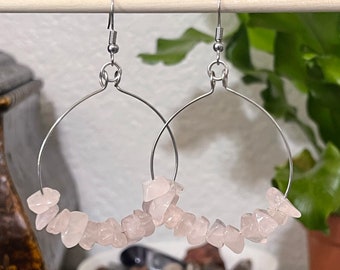 Rose Quartz Earrings, Crystal Quartz Hoops, Heart Chakra, Gemstone Hoops, Chakra Healing, Energy Healing Yoga Earrings, Healing Crystals