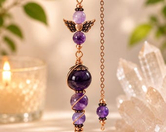 Amethyst Dowsing Pendulum with Copper Angel Wings: Chakra Energy Healing Crystal (10 Inch)