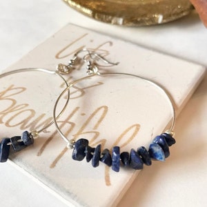 Lapis Lazuli Hoop Earrings, Large Hoop Earrings, Silver Hoops, Yoga Earrings, Chakra Earrings, Boho Earrings, Rustic Bohemian Earrings image 2