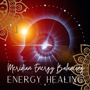May include: A red and blue abstract clock face with a gold clock hand. The clock face is surrounded by a gold mandala design. The text "Meridian Energy Balancing ENERGY HEALING" is at the bottom of the image.