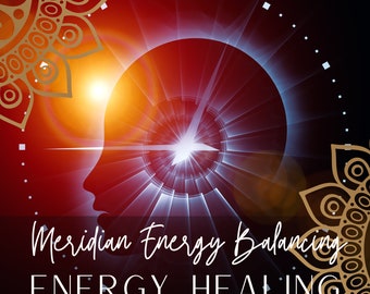 May include: A red and blue abstract clock face with a gold clock hand. The clock face is surrounded by a gold mandala design. The text "Meridian Energy Balancing ENERGY HEALING" is at the bottom of the image.