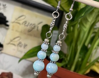 Long Blue Glass Pearl Earrings, Boho Jewelry, Bohemian Earrings, Navajo Earrings, Rustic Earrings, Beach Style Jewelry, Flower Earrings