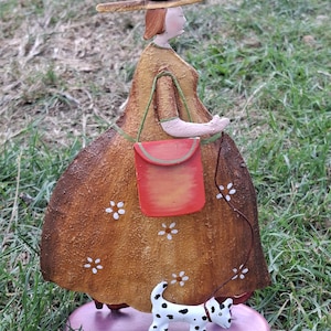 Tin Lady Walking Dog Folk Art Style