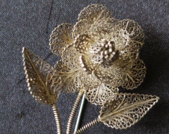 Silver Filigree Rose Flower Brooch