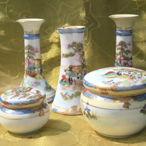 Art Deco Noritake Dressing Table Set ; candlesticks , hat pin holder two pots. Japanese scene