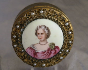 Antique Brass Trinket Box ,Porcelain Disc with Lady's Face centre & Seed Pearls