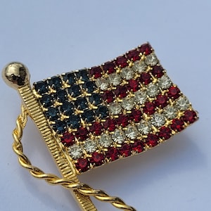 Vintage American Flag Brooch Sparkly Rhinestone USA Red White Blue Patriotic