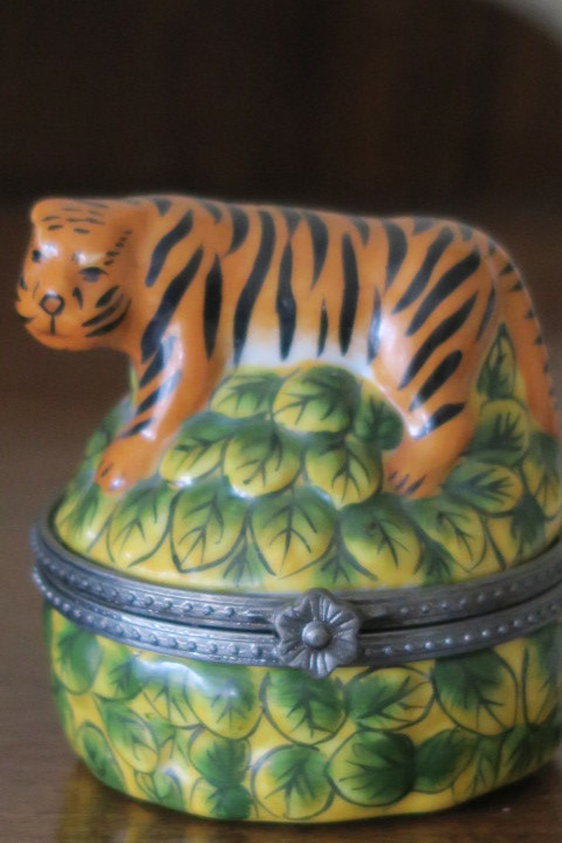 Large Limoges Style Tiger Trinket Box Etsy