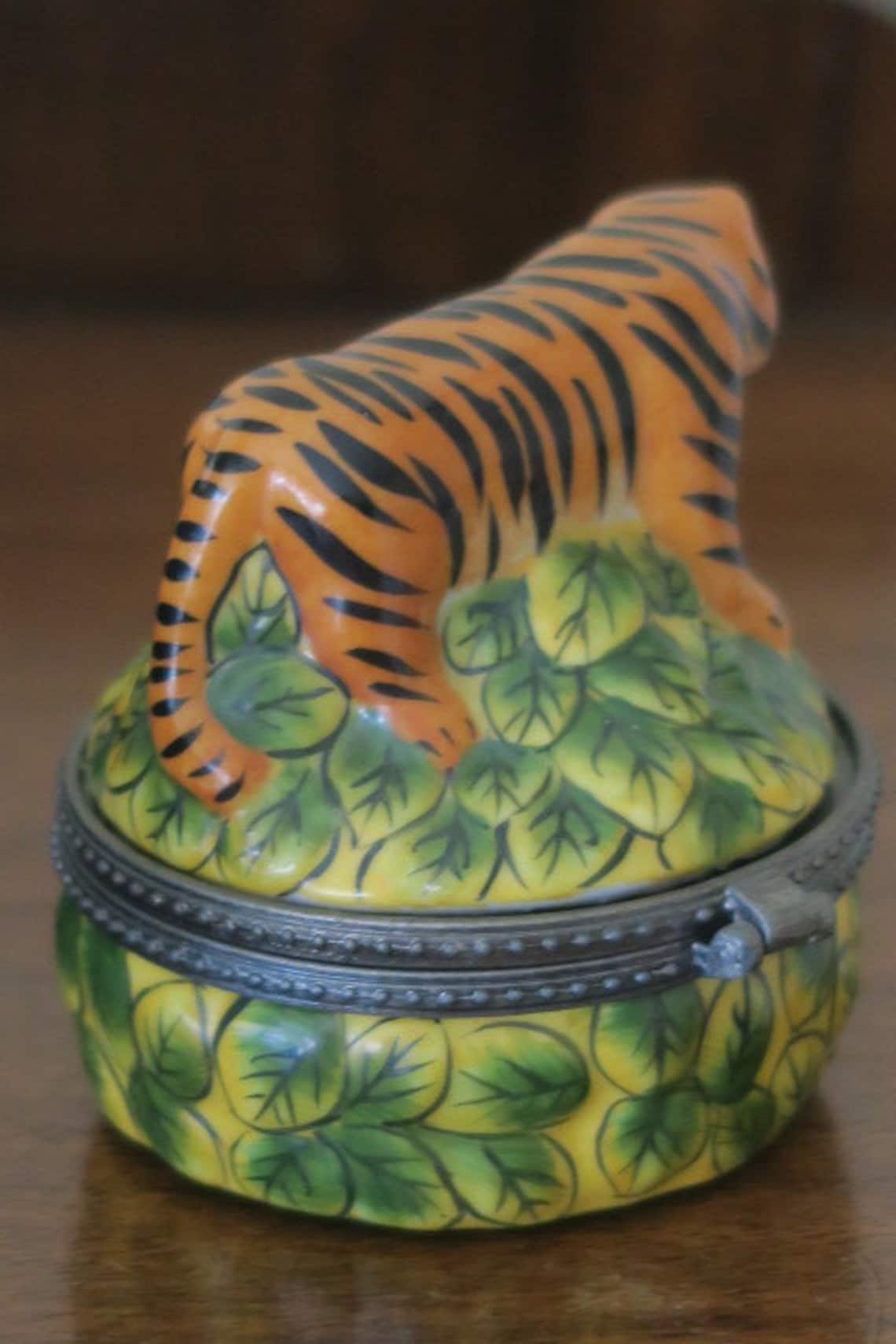 Large Limoges Style Tiger Trinket Box Etsy