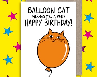 Cute Cat Happy Birthday Card ∙ Cat Lover Card ∙ Funny Birthday Card ∙ Unique Animal Birthday Card ∙ Cat Balloon Card ∙ Cute Illustration