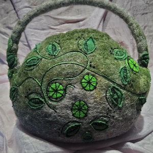 Handfelted bag with applique and embroidered decoration. Herdwick and Merino wool