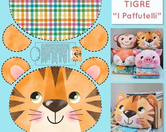 "I Paffutelli" fabric panel, TIGER cushion to sew and stuff, DIY, creative sewing, 100% cotton SATIN fabric