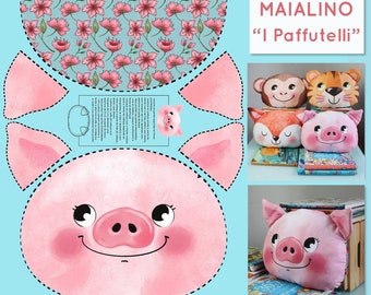Fabric panel "I Paffutelli", PIG cushion to sew and stuff, do it yourself, creative sewing, 100% cotton SATIN fabric