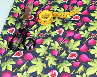 100% cotton SATIN fabric, fuchsia figs and green leaves on a dark blue background, original digital print designed by CrisDeMarchi Atelier
