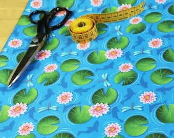 100% cotton SATIN fabric, Water lilies, koi carp and dragonflies on a light blue background, exclusive digital print designed by CrisDeMarchi Atelier