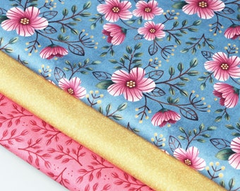 Set of 3 matching fabrics, 100% cotton SATIN fabrics, Pink flowers on a light blue background, digital prints designed by CrisDeMarchi Atelier