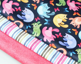 Set of 3 coordinated fabrics, 100% cotton SATIN fabrics, colorful cats, exclusive digital prints designed by CrisDeMarchi Atelier