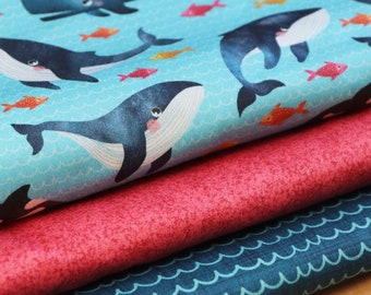 Set of 3 coordinated fabrics, 100% cotton SATIN fabrics, digital prints with whales and colorful fish designed by CrisDeMarchi Atelier