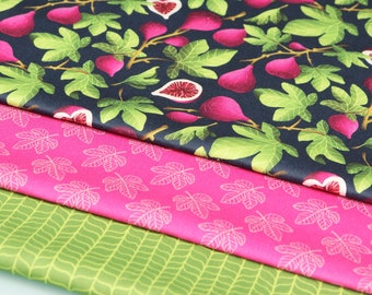 Set of 3 coordinated fabrics, 100% cotton SATIN fabrics, fuchsia figs and green leaves, digital prints designed by CrisDeMarchi Atelier