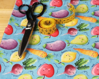 100% cotton SATIN fabric, fabric with fruit and vegetables on a light blue background, original digital print designed by CrisDeMarchi Atelier