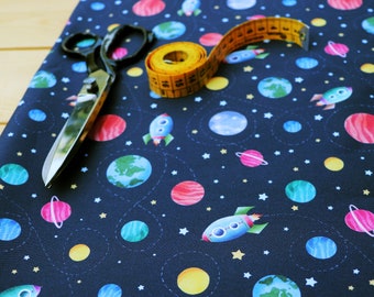 Original fabric with digital print on 100% cotton, planets and spaceships pattern designed by Crisdemarchi Atelier.