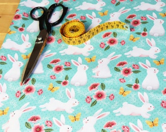 100% cotton SATIN fabric, bunnies and flowers on a water green background, exclusive digital print designed by CrisDeMarchi Atelier