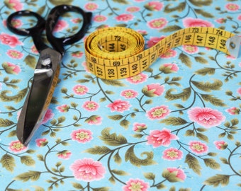 100% cotton SATIN fabric, Classic floral fabric on a light blue background, exclusive digital print designed by CrisDeMarchi Atelier