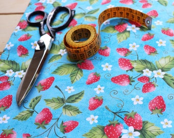 100% cotton SATIN fabric, Strawberries on a light blue background, exclusive digital print designed by CrisDeMarchi Atelier