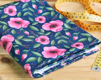 100% cotton GABARDINE fabric 272g/m2, Pink flowers with dark blue background, original digital print designed by CrisDeMarchi Atelier
