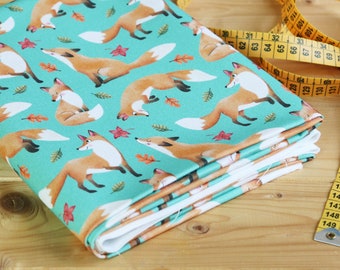 100% cotton GABARDINE fabric, 272g/m2, Foxes on a green background, digital print designed by CrisDeMarchi Atelier