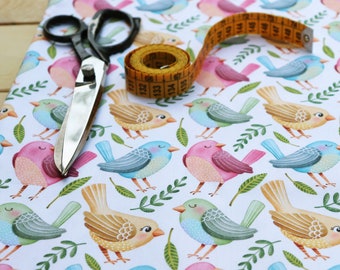 Original fabric with digital print on 100% cotton, cute birds pattern designed by Crisdemarchi Atelier.