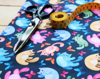 Original fabric with digital print on 100% cotton, colorful cats pattern designed by Crisdemarchi Atelier.