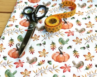 100% cotton SATIN fabric, Pumpkins and birds with a light background, exclusive digital print designed by CrisDeMarchi Atelier