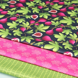 Set of 3 coordinated fabrics, 100% cotton SATIN fabrics, fuchsia figs and green leaves, digital prints designed by CrisDeMarchi Atelier