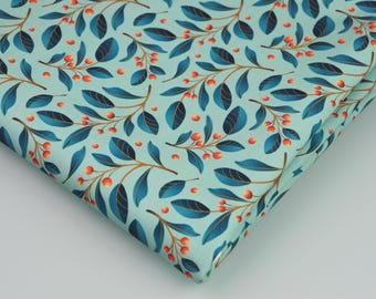 Waterproof SOFTSHELL fabric, leaves and berries on aqua green background, high quality print designed by CrisDeMarchi Atelier