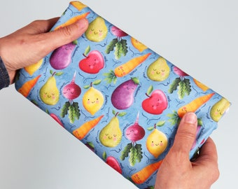 100% cotton JERSEY fabric, fabric with fruit and vegetables on a light blue background, original digital print designed by CrisDeMarchi Atelier